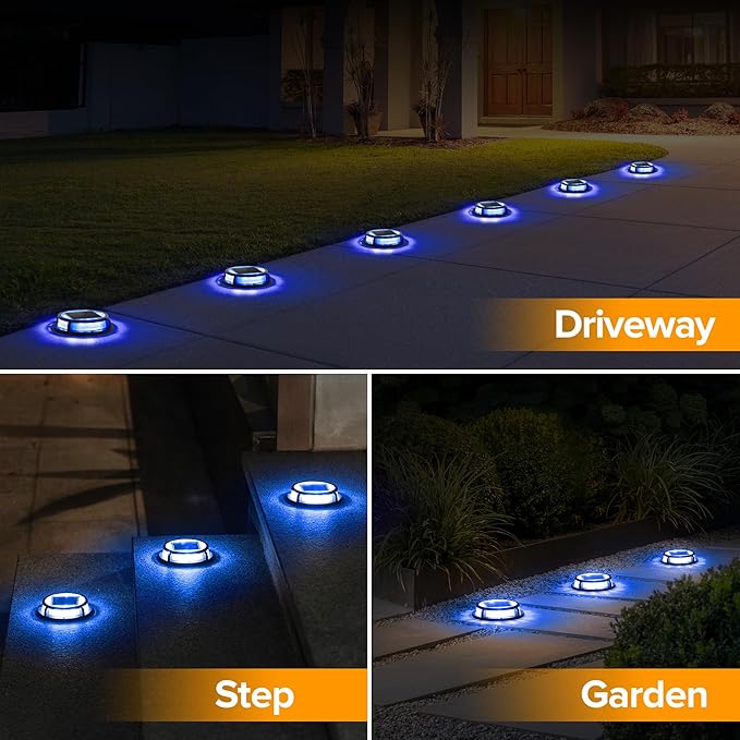 LUTEC 2 Pack Solar Deck Lights Driveway Dock 12 LEDs Light Solar Powered Outdoor Waterproof Road Markers for Step Sidewalk Stair Garden Ground Pathway Yard (Blue)