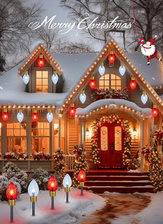 Moonflor Strawberry Jumbo C9 Christmas Lights Outdoor - 2 Pack Total 17FT 10 LED Jumbo C9 Christmas Pathway Lights Outdoor Decoration for Outside Lawn, Red & Pure White