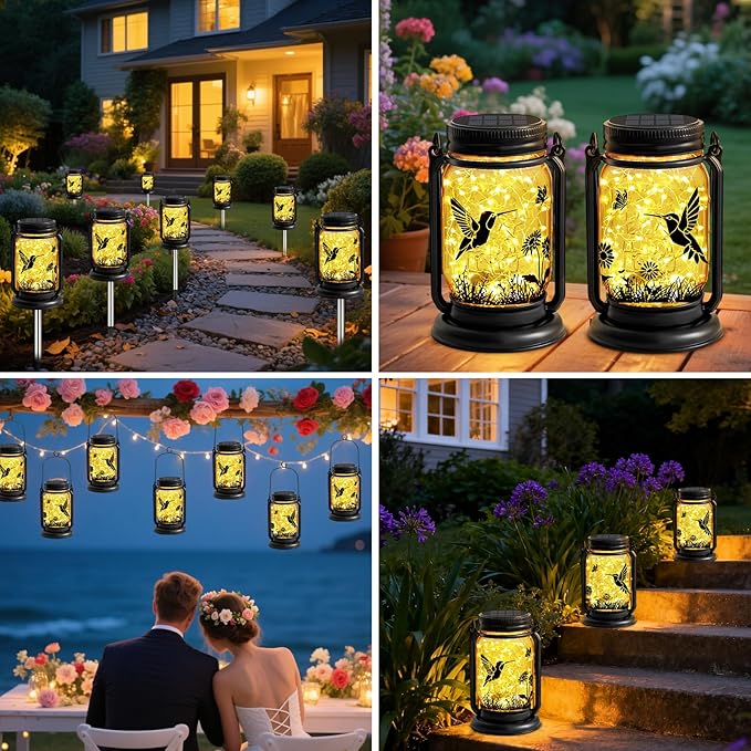 ANGMLN Hummingbird Solar Lanterns Outdoor Waterproof -Gifts for Women Mom Grandma Birthday, Mothers Day, Mason Jar Hanging Lights for Patio, Yard, Porch, Balcony, Garden Decor