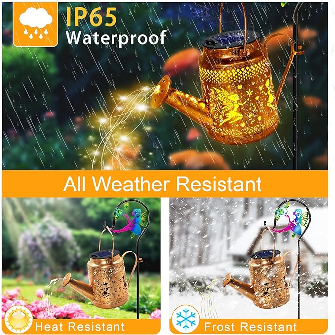 Solar Lanterns Outdoor Waterproof,Metal Watering Can Garden Decor,Fairy Hanging Solar Path Lights Yard Art,Outside Patio Decorations Gardening Christmas Gifts for Mom Grandma Women(with Shepherd Hook)