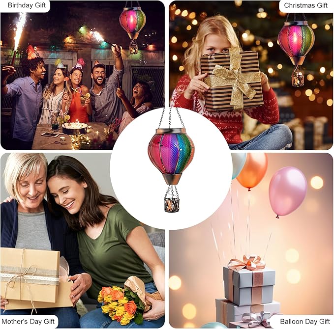 Larekook Rainbow Solar Hot Air Balloon Lantern with Flickering Flame Light,Glass Outdoor Garden Decor,Hot Air Balloon Solar Lantern Outdoor Waterproof Hanging Light for Yard Patio Porch Lawn