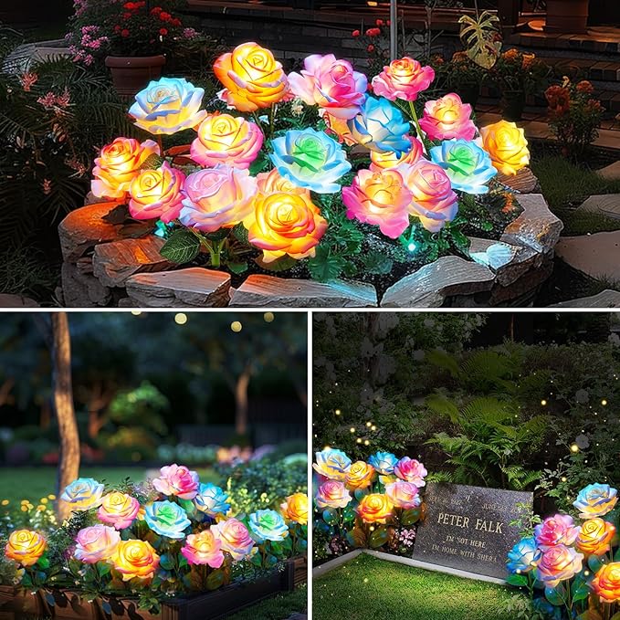 8 Pack Solar Flowers Lights Outdoor Waterproof for Garden Decor, Solar Garden Lights for Outside, Outdoor Solar Lights for Yard with Solar Rose Lights, Yard Decorations