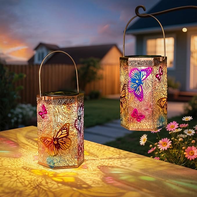 2Pack Solar Lanterns Outdoor Waterproof Butterfly Gifts for Women, 3D Colorful Solar Garden Yard Lanterns, Gardening Gifts for Women, Mothers' Day GIFS Mom, Birthday Gifts