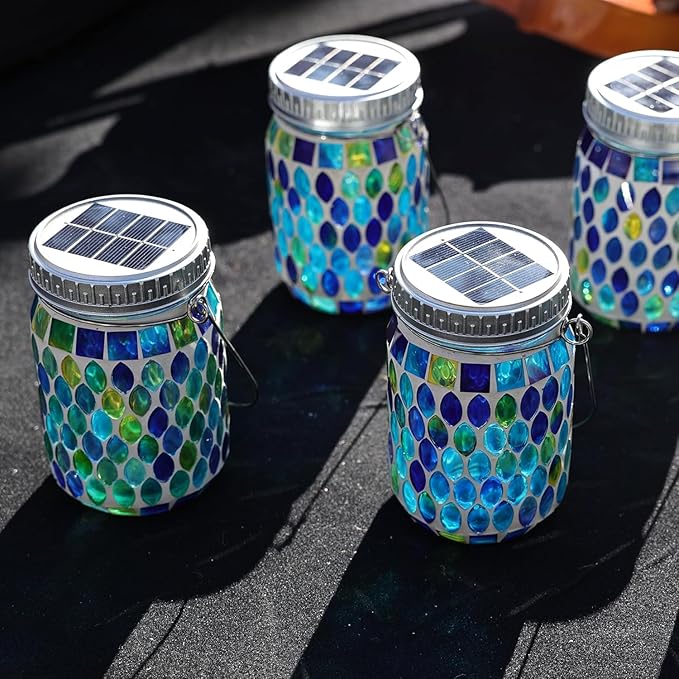 Cooo 4 Pack Mosaic Lanterns Outdoor Waterproof with 215% Larger Solar Panel, Never Rust Lids, True Capacity Battery- Solar Mason Mosaics Jar Lantern for Patio Garden Yard Balcony Christmas Decorations