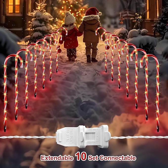 VCOKEN 30'' Christmas Candy Cane Pathway Markers Lights - Set of 10 Christmas Stakes Lights Outdoor Pathway Decorations, Connectable & Light Up Xmas Holiday Party Yard Art Indoor Outdoor Ornament