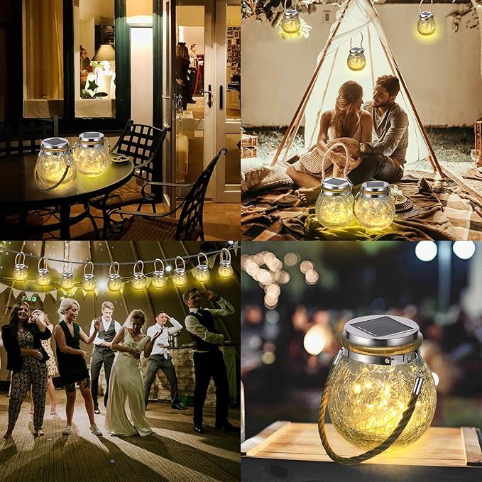 Solar Hanging Lanterns Outdoor Waterproof, Table Lamps Decorative Cracked Glass Jar 30 LED Lights for Garden Tree Court Yard Patio Pathway Christmas Day Holiday Party Decoration (1, Warm Light)