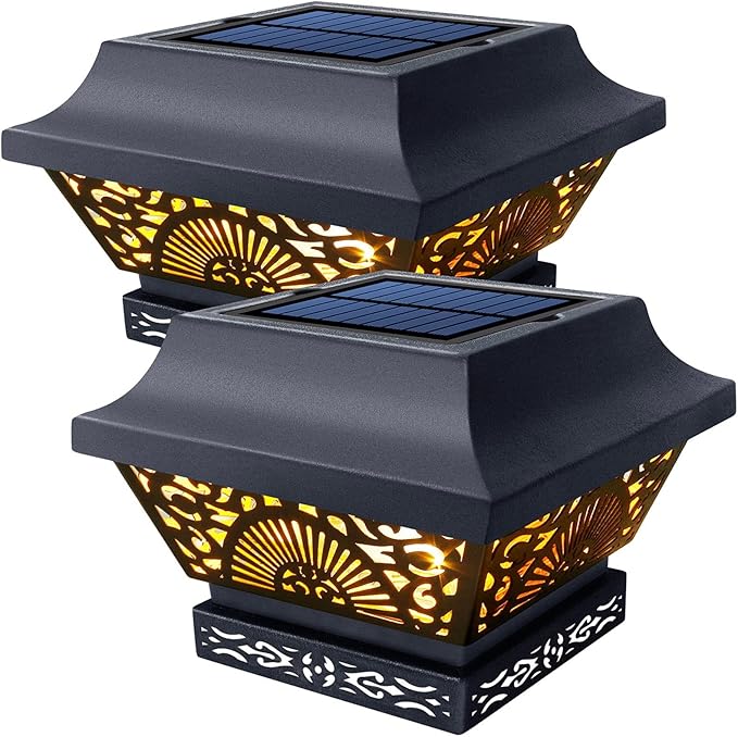 DenicMic Solar Post Lights 2 Pack Solar Post Cap Lights Outdoor Waterproof Metal 25 Lumen Warm White LED Lighting for 3.5x3.5 4x4 5x5 Wooden Fence Posts, Deck Rail, Yard, Patio, Garden (Black)