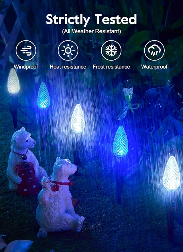 Brightown C9 Christmas Lights Outdoor, 25.7 Ft Strawberry C9 Christmas Pathway Lights with 20 LED Bulbs and Stakes, Christmas Decorations Outside Walkway Sidewalk Holiday, Blue and White