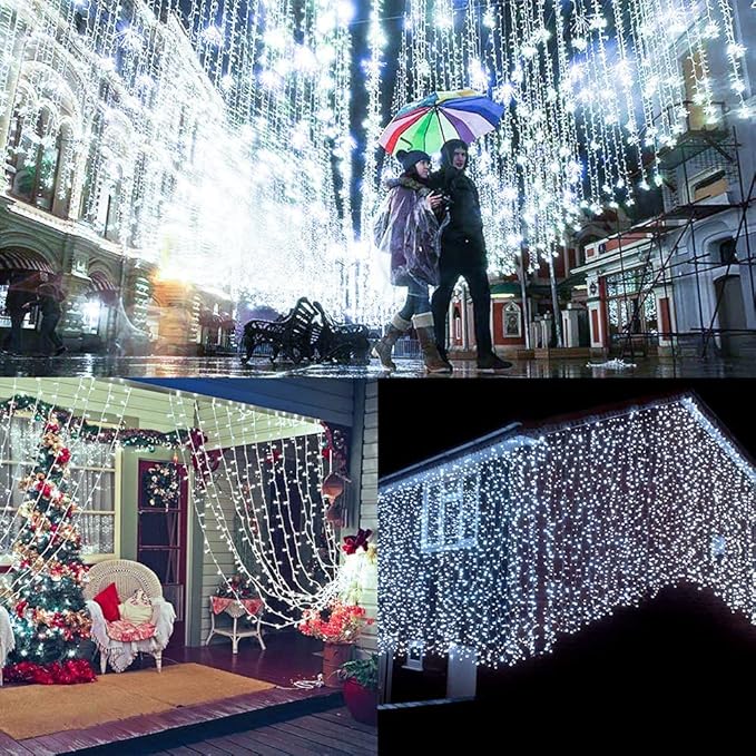 Solar Curtain Lights Outdoor Garden 300 LED Fairy String Lights 8 Modes Remote Control Waterproof Waterfall Lights for Gazebo Patio Home Festival Wedding Wall Christmas Decorations(White)