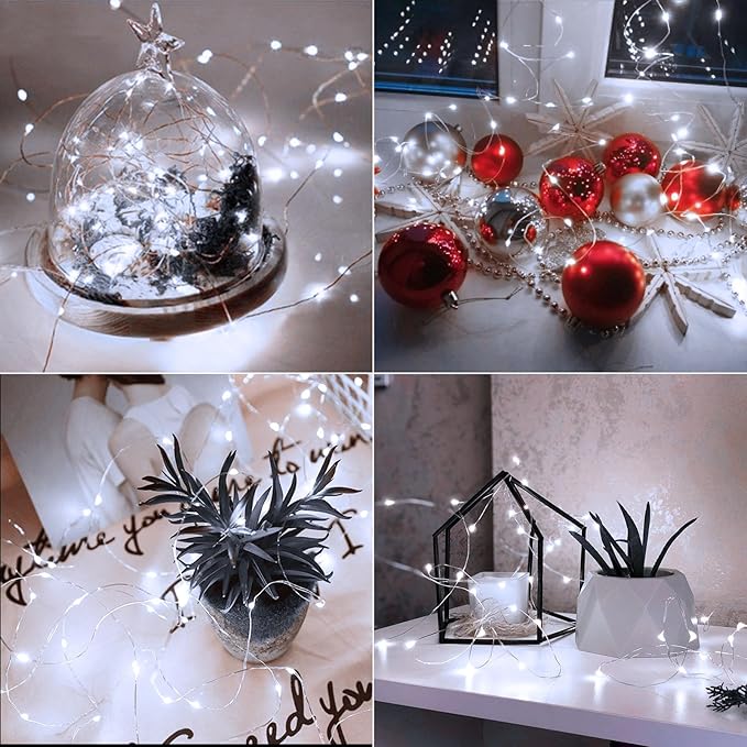 4 Pack Battery Operated Fairy Lights 16.4 Ft 50 LED Christmas Fairy Lights with Auto Timer 8 Modes, Waterproof Silver Wire Battery Twinkle Lights for Wedding Christmas Decor (Cool White)
