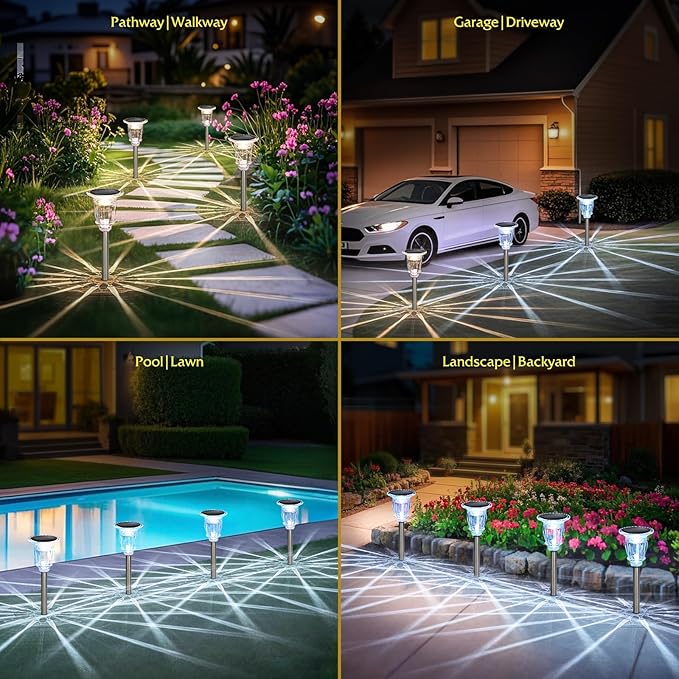 Solar Pathway Lights Outdoor 2 Pack, 3 Lighting Modes Glass and Stainless Steel White Solar Garden lights, 17.3" LED Waterproof & Solar Powered outdoor lights, Walkway Light, for Driveway Lawns Yard