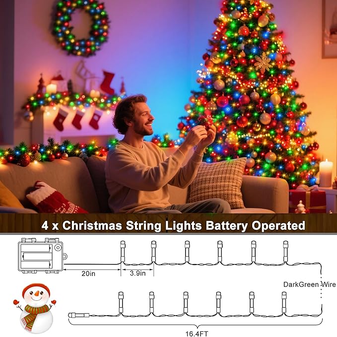 4 Pack Christmas String Lights Battery Operated, Each 50 LED16.5Ft Dark Green String Lights Auto Timer 8 Modes Indoor Outdoor Xmas Wreath Tree Decor (Multicolor)
