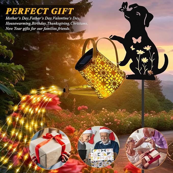 Christma Gifts Solar Lights Outdoor Decorative, Watering Can with Cascading Lights, with Dog Silhouette Garden Stakes, Gifts for Mom Women, Waterproof Metal Garden Decor for Yard Art, Outside(1 Pack)