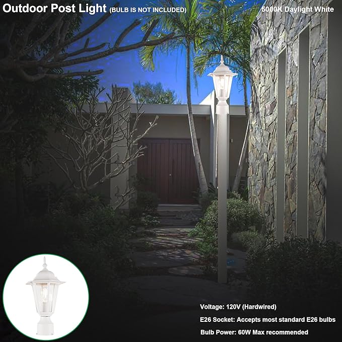 GRUENLICH Outdoor Post Light, White Waterproof Lamp Post Lights Fxiture, Aluminum Pole Lantern for Outside Yard Pathway Garden, 2 Pack