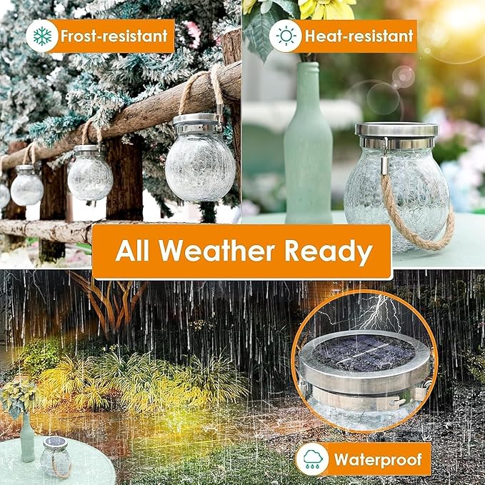 Cooo Christmas Gifts 4 Pack Solar Lanterns Waterproof Outdoor Heavy Crackle Glass 30 LED Warm Firefly Lights Stainless Steel Lid 215% Solar for Women Mom Grandma Outdoor Table Lamps Garden Yard Decor