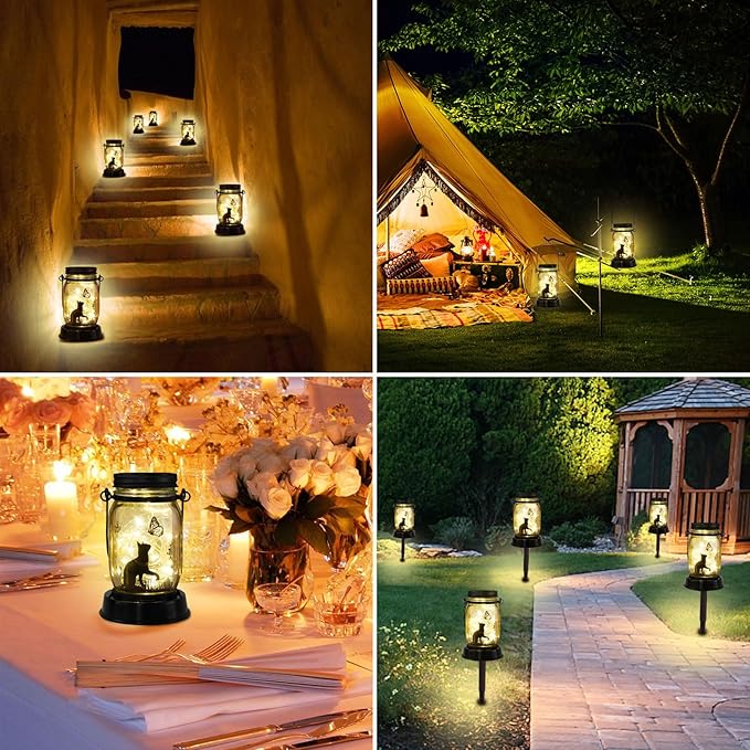 Cat Lover Gifts for Mom/Grandma/Women/Sister Cat Butterfly Solar Light Gifts Mother Day Gift Solar Lanterns Outdoor Waterproof Fairy Lights Led Mason Jar Hanging Cat Lamps Decor for Garden Yard Patio