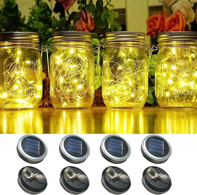 Solar Lights Replacement Top Parts for Outdoor Solar Watering Can Hanging Lanterns with 90 LED String Lithgs Detachable Connector (Warm White ) (4PCS for Mason Jar)