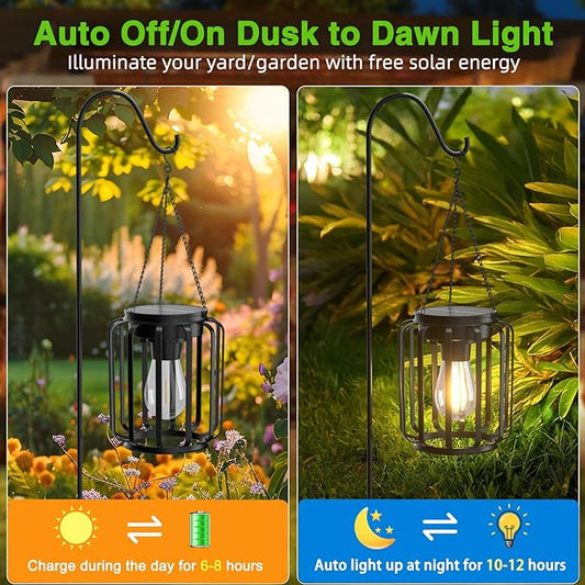 2 Pack Solar Lanterns Outdoor Waterproof, Upgraded Metal LED Lanterns, Warm Light, Auto On/Off, Brighter Hanging Solar Lantern for Yard Patio Pathway Porch Garden Decor (Columnar)