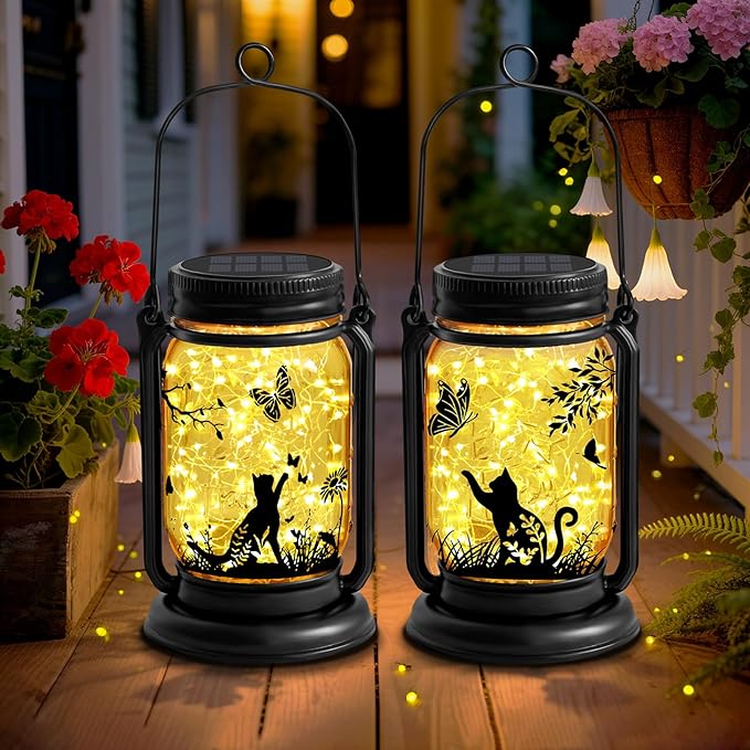 Cat Solar Lanterns, Outdoor Hanging Solar Lantern with Stake, Birthday Gifts for Mom, Grandma, Women Cat Lovers, Black Cat Butterfly Mason Jar Waterproof Lights for Yard Lawn Garden Decor