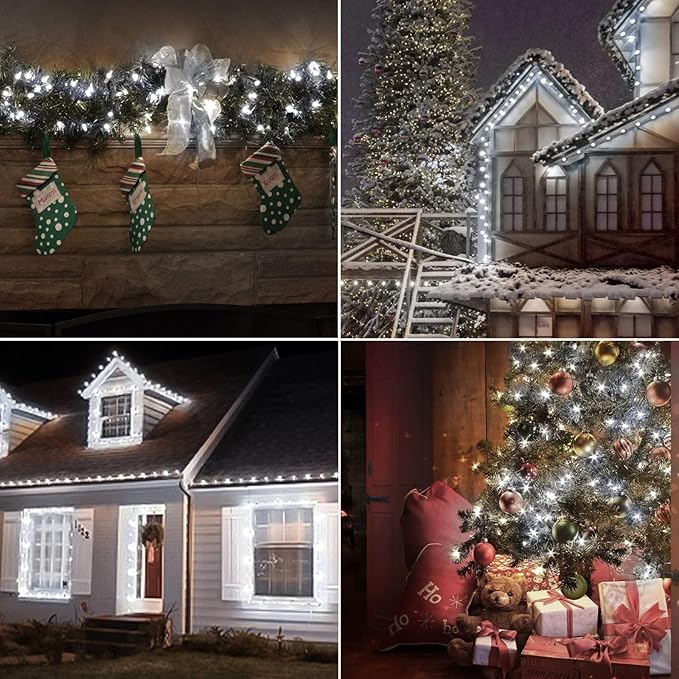 Battery Operated Christmas Lights, 33Ft 100 LED Cool White String Lights with Auto Timer & 8 Modes, Shatterproof Waterproof for Outdoor Indoor Wedding Party Home, Green Wire