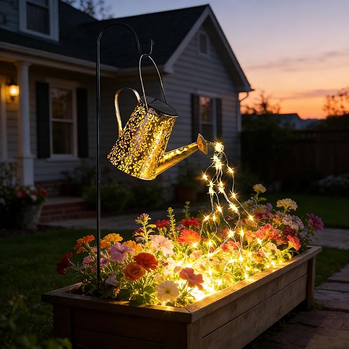 Anordsem Solar Garden Lights Decorative - Metal Watering Can with Cascading and Hook - Waterproof Hanging Lantern Outdoor Yard Lawn Decor - Birthday Gardening Gifts for Mom Grandma