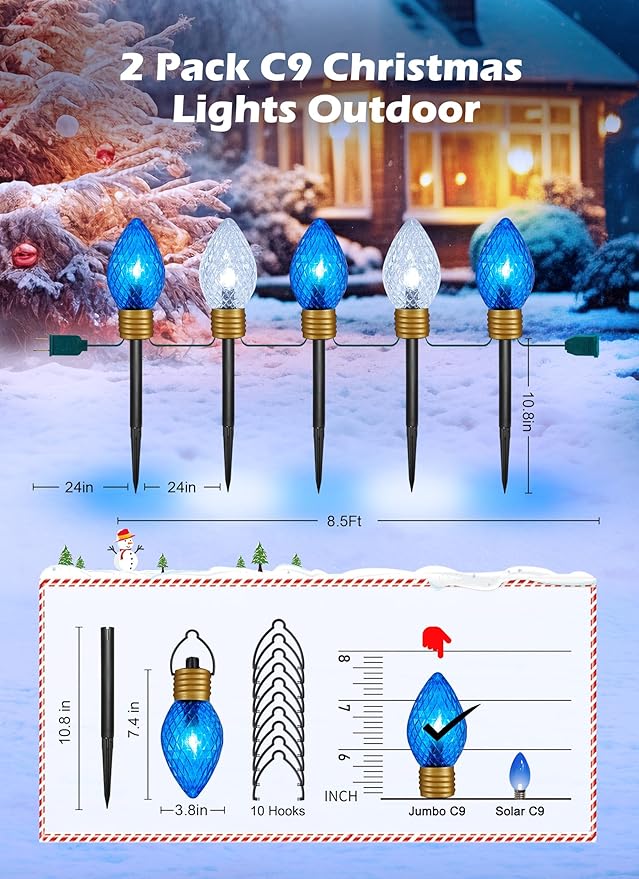Moonflor Strawberry Jumbo C9 Christmas Pathway Lights Outdoor - 2Pack Total 17FT 10 LED C9 Walkway Light, Christma Decoration Outside,Christmas Lights Outdoor for Lawn Yard Holiday, Blue & Pure White