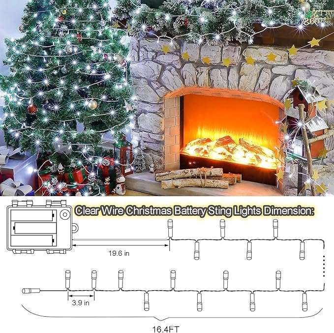 4 Pack Battery Operated Christmas String Lights,16.5Ft 50LED Tree Lights Timer Auto On/off Clear Wire Christmas Lights,8 Modes Fairy Lights Indoor Outdoor Light for Xmas Tree Wreath Garden Patio Deck