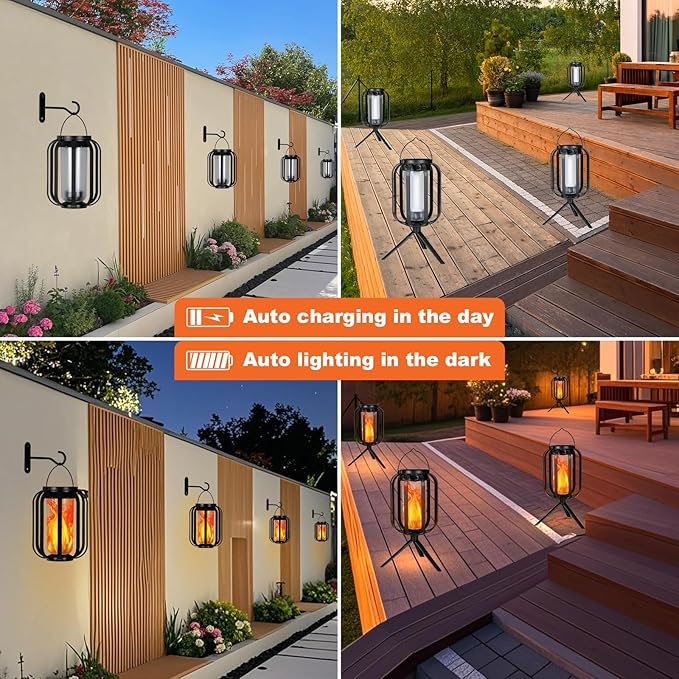 Solar Lantern Outdoor Lights, 2 Pack Waterproof Solar Powered Lanterns with Flickering Flame, Hanging Lantern Decorative for Outside, Solar Powered Outdoor Lights for Yard Garden Patio Table Decor
