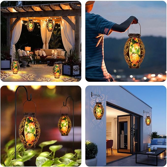 Hanging Solar Lantern Outdoor Waterproof Glass Solar Hummingbird Flickering Flame LED Garden Light Metal Hollowed-Out Table Lamp Garden Decoration for Yard Patio Pathway Tabletop Tree