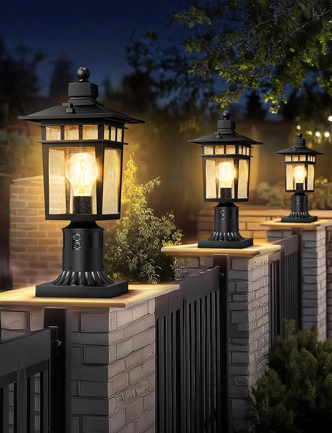 360° Motion Sensor Outdoor Post Lights, 4 Lighting Modes Lamp Post Light Fixture Dusk to Dawn, Waterproof Aluminum Black Pole Light Post Outdoor Lighting for Outside Garden Fence Yard,Hard Wired