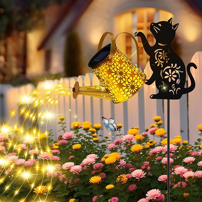 Christmas Gifts Solar Lights Outdoor Decorative, Watering Can with Cascading Lights, with Cat Silhouette Garden Stakes, Waterproof Metal Garden Decor for Yard Art, Outside, Patio, Lawn 2PACK