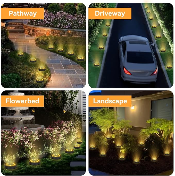 ELUTENG Solar Ground Lights 8 Pack IP68 Waterproof Solar Pathway Lights 8 LED Garden Lights Anti-Rust Outdoor Landscape Lighting for Lawn, Yard, Deck, Driveway, Walkway (Warm Light)