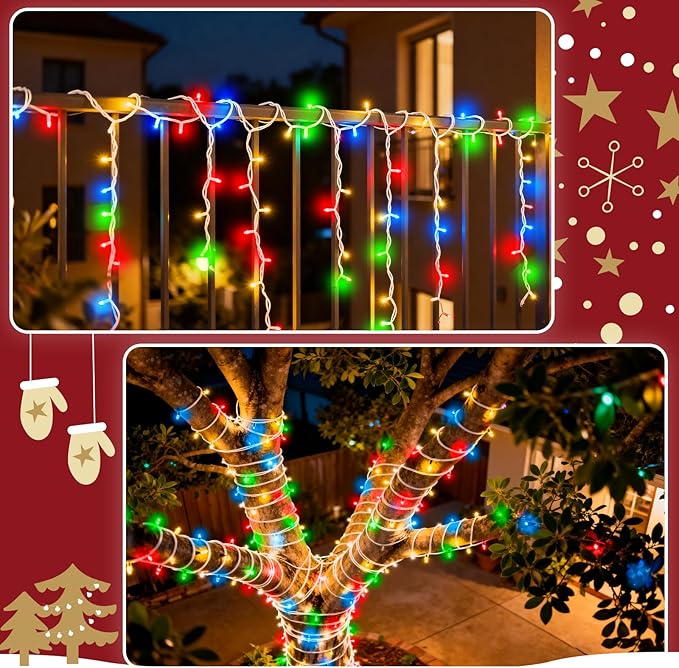 Christmas Lights Battery Operated Outdoor Waterproof, Multicolor Christmas Lights with Timer White Wire 16.4ft 50LED Christmas Decorations Garland Party Garden