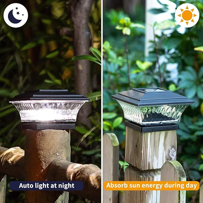 HUYIENO Solar Cap Lights Outdoor LED Lighting Deck Fence Two Light Modes Warm White/Bright White Suitable for 4x4 Wooden Posts Black 6PK