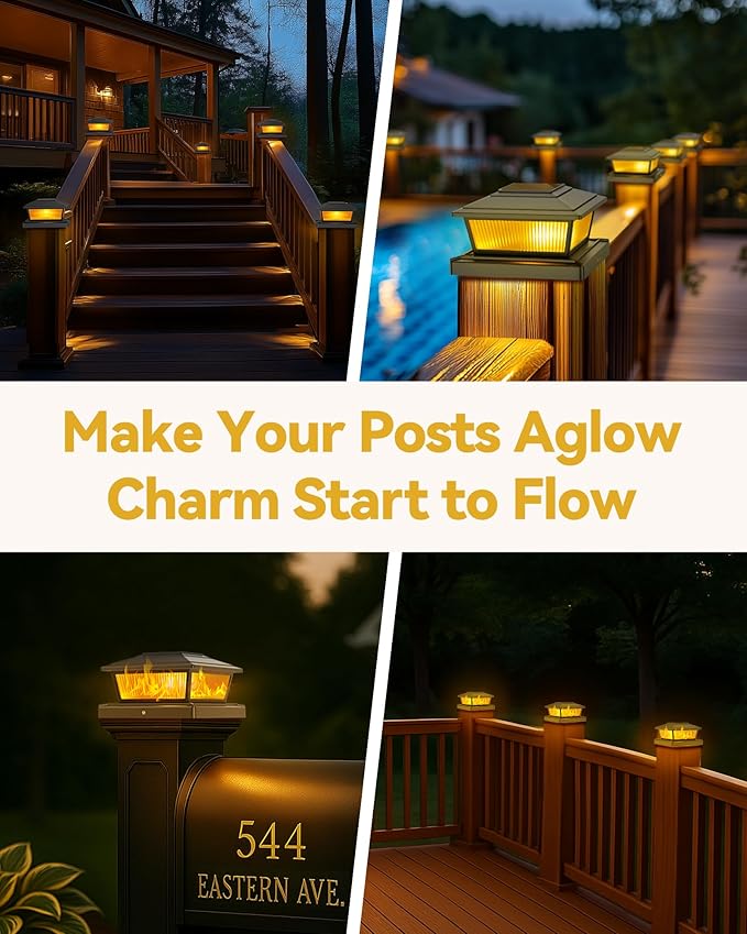 Solar Post Cap Lights Outdoor for 4x4 5x5 6x6 Wood/Vinyl Posts, 6 Pack Fence Post Solar Lights with Flickering Flame & Warm Modes for Deck/Garden/Patio, IP65 Waterproof - Black