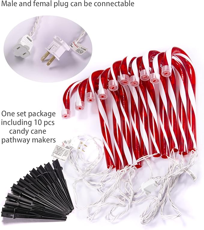 Christmas Candy Cane Lights Outdoor Pathway -10 Pack Lighted Candy Cane Pathway Markers Lights Walkway, 10 inch Candycane Christmas Sidewalk Outdoor for Yard Lawn Decorations