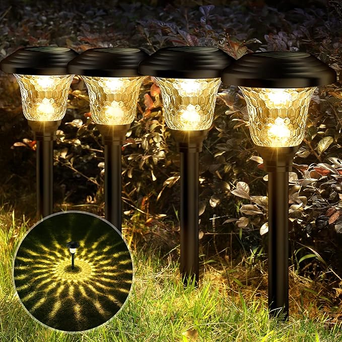 Glass Solar Lights Outdoor waterproof, 2 Pack Super Bright Solar Pathway Lights, Up to 12 Hrs Long Last Auto On/Off Garden Lights Solar Powered, Stainless Steel LED Light For Yard Landscape Warm White