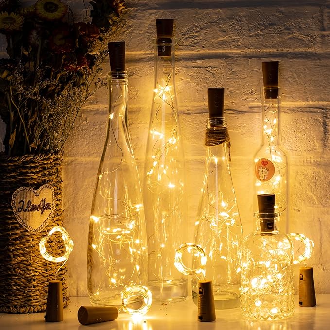 Brightown 10 Pack 7ft Battery Operated Wine Bottle Lights with Cork 20 LED Bulbs, Warm White Glow, Waterproof, Flexible Silver Wire, Lovely for Liquor Bottles DIY Party Christmas Wedding Décor