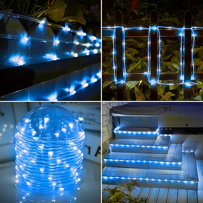 Solar Rope Lights, 66ft 200LED Solar String Lights, 8 Modes Waterproof Solar Powered Outdoor Light, Flexible Clear Tube Light for Garden Backyard Patio Deck Porch Pool Tree Christmas Decoration - Blue