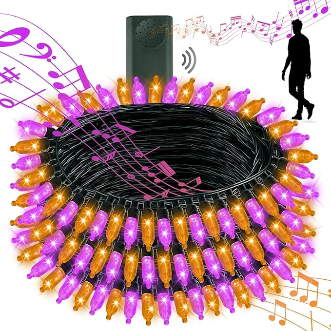 Tcamp Battery Operated Halloween Lights Motion Activated Sync with Music, 33FT 100 LED Orange Purple String Lights with Spooky Music for Outdoor Indoor Halloween Decor (6 Lighting Modes)