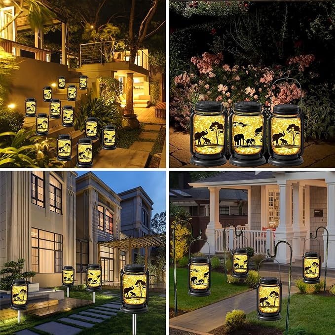 2 Pack Outdoor Hanging Solar Lanterns, Elephants Vintage Glass Mason Jar Fairy Lights, Birthday Mothers Day Gifts for Women Mom Grandma, Waterproof Garden Lights for Patio Yard Lawn Tree