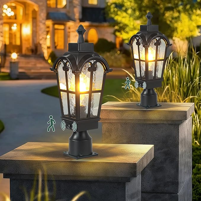 Motion Sensor Outdoor Post Lights Waterproof Dawn to Dusk Sensor Post Light Fixture Outdoor Anti-Rust Waterproof Exterior Lamp Post Lighting for Front Door Yard Pathway Driveway Fence