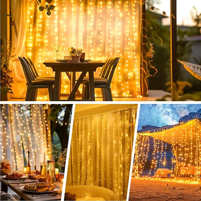 HXWEIYE Rechargeable 300LED Curtain Lights Battery Powered, 9.8x9.8Ft Outdoor Fairy String Lights with Remote & DIY Timer, 8 Modes Twinkle Light Waterproof for Indoor Backdrops Wedding, Warm White