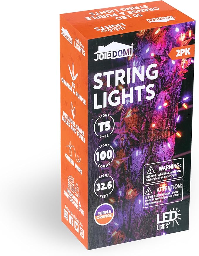 Joiedomi 16.3FT Orange&Purple Halloween Lights,2×50 Count Battery Operated Christmas String Tree Fairy LED Lights with 8 Modes,Multifunction Green Wire with Timer for Xmas Decor Party Holiday
