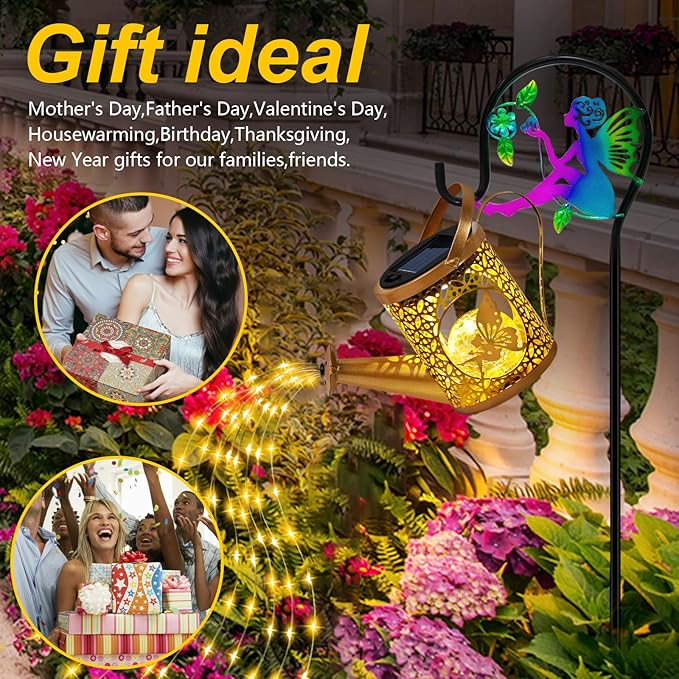 Christma Gifts Solar Lights Garden Decorative, Solar Watering Can with Cascading Lights, Waterproof Metal Lantern with Fairy Shepherd Hook, Outdoor Decor for Yard, Patio, Gifts for Mother's Day, Women