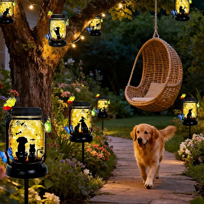 Dog Solar Lanterns Outdoor Garden Solar Dog Lights Dog & Cat Lover Gifts for Women Mom Grandma, Butterfly Fairy Lights Waterproof Hanging Mason Jar Lamps (Dog Cat Butterfly)