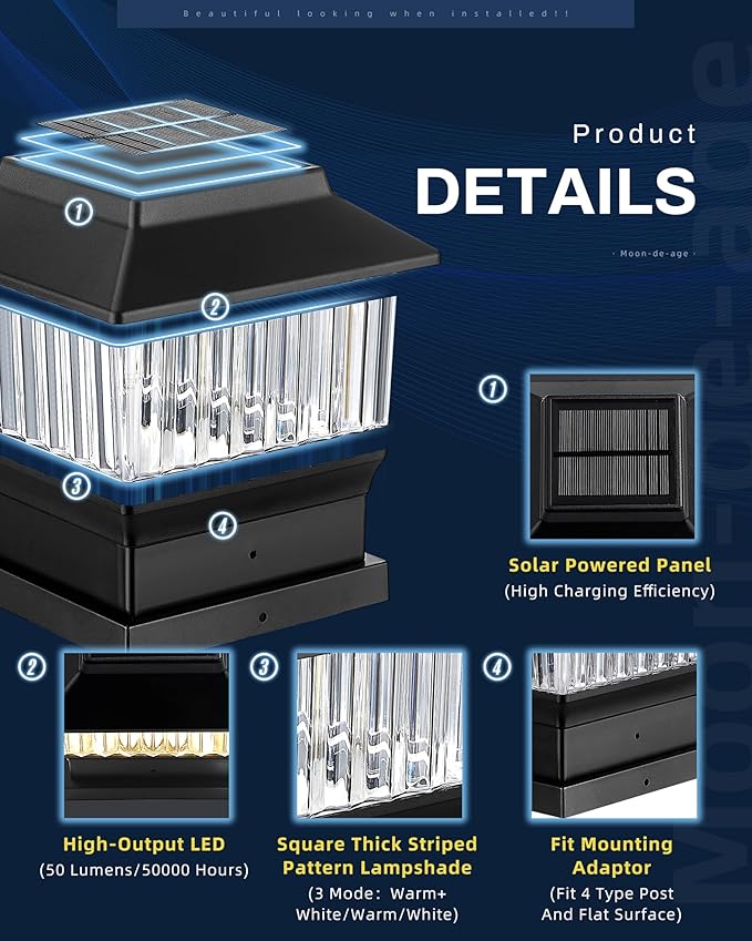 50 Lumen Solar Post Lights, 3 Modes Outdoor Deck Fence Post Cap Lights - 4x4 3.5x3.5 4.5x4.5 or 5.5x5.5, LED Landscaping Patio Garden Yard Decoration Waterproof (1 Pack, Black)