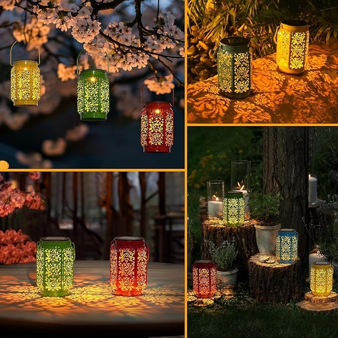Solar Lanterns Outdoor 4 Pack, IP44 Waterproof Rose Solar Lanterns Mothers Day Gifts Outdoor Lights Garden Decor, 4 Colors LED Hanging Lantern with Handle for Outside Patio Yard Table Fence
