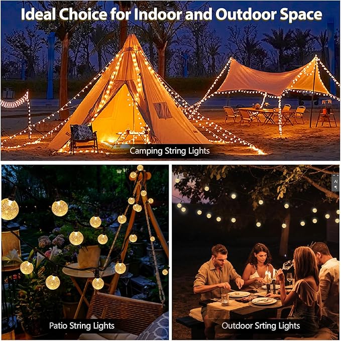 SeaShine Rechargeable Battery Operated String Lights - 25ft 60LEDs Crystal Globe String Lights, IP65 Waterproof Battery Fairy Lights with Remote Timer for Bedroom Outdoor Camping Christmas Warm White