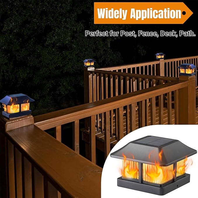Dynaming 12 Pack Solar Flame Post Cap Lights Outdoor, Solar Powered Fence Post Light, Flickering Flame LED Lantern Lamps for Garden Deck Patio, Only Fit 4x4 Wooden Posts (True Size 3.5"x3.5")